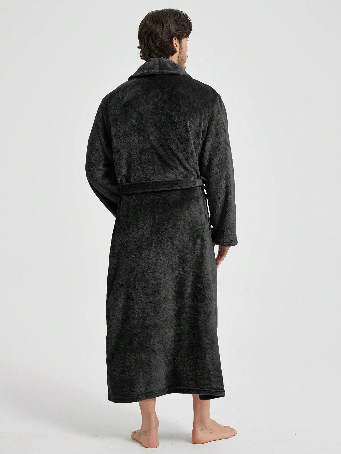 1pc Couple's Warm Flannel Shawl Neck Loose Casual Soft Thermal Lined Long Sleeve Belted Robe With Pockets, Suitable For Home Wear, Autumn/Winter, For Fall Winter, Fluffy, Cozy