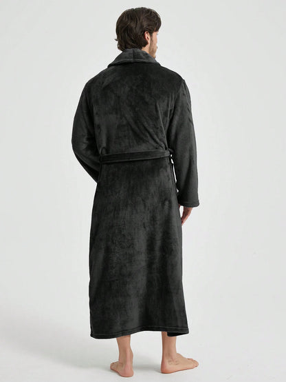 1pc Couple's Warm Flannel Shawl Neck Loose Casual Soft Thermal Lined Long Sleeve Belted Robe With Pockets, Suitable For Home Wear, Autumn/Winter, For Fall Winter, Fluffy, Cozy