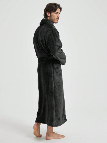 1pc Couple's Warm Flannel Shawl Neck Loose Casual Soft Thermal Lined Long Sleeve Belted Robe With Pockets, Suitable For Home Wear, Autumn/Winter, For Fall Winter, Fluffy, Cozy