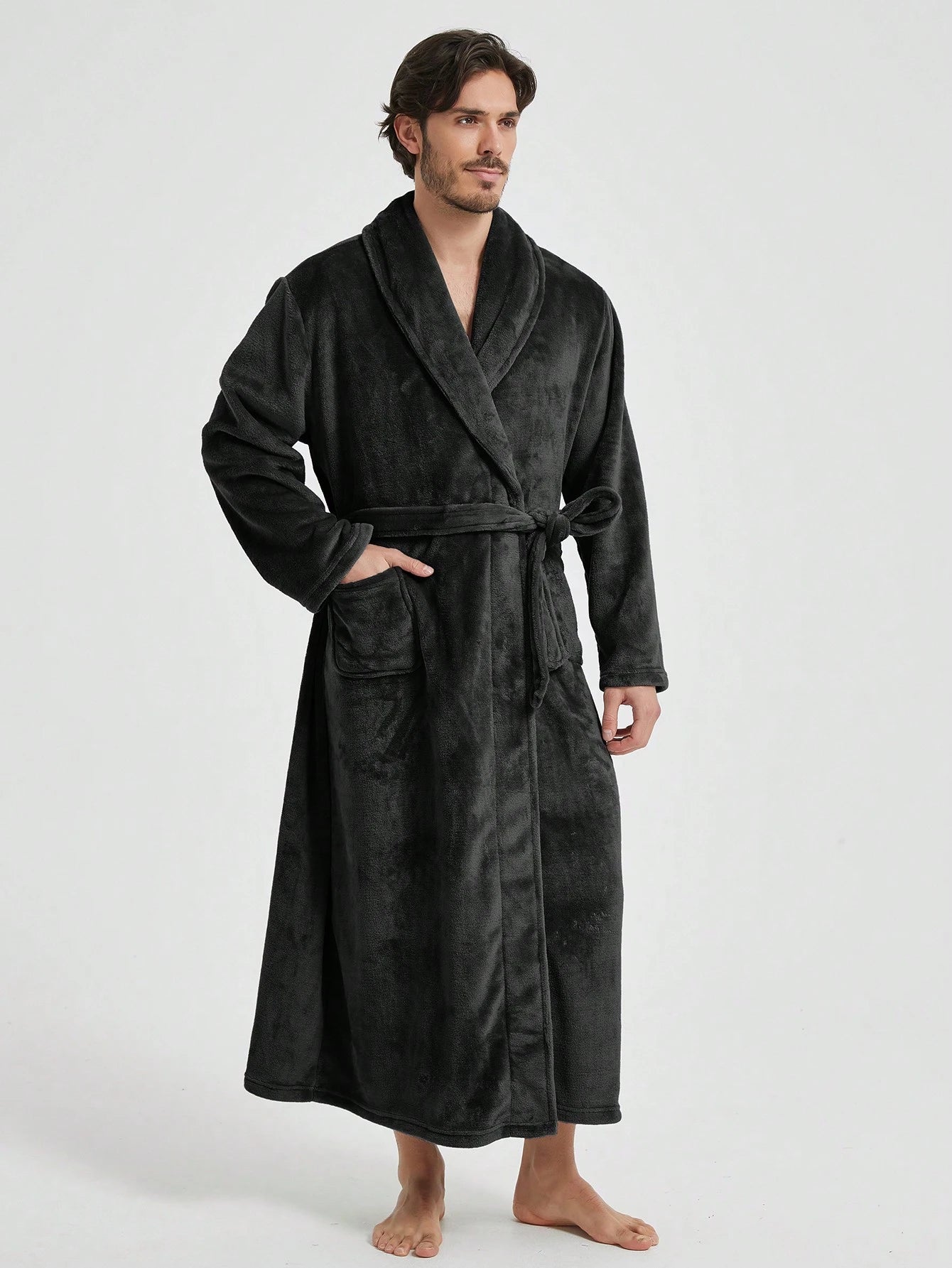 1pc Couple's Warm Flannel Shawl Neck Loose Casual Soft Thermal Lined Long Sleeve Belted Robe With Pockets, Suitable For Home Wear, Autumn/Winter, For Fall Winter, Fluffy, Cozy