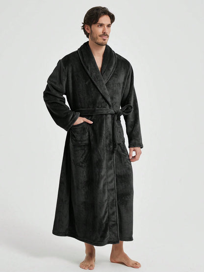 1pc Couple's Warm Flannel Shawl Neck Loose Casual Soft Thermal Lined Long Sleeve Belted Robe With Pockets, Suitable For Home Wear, Autumn/Winter, For Fall Winter, Fluffy, Cozy