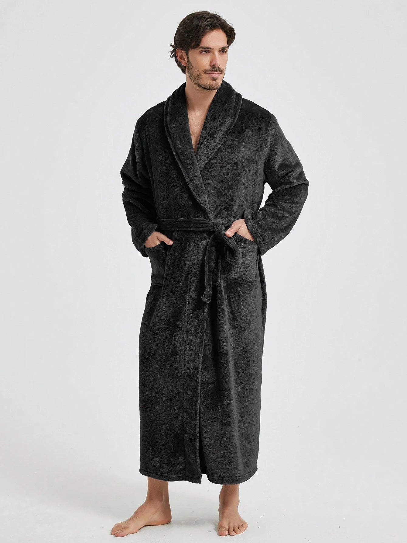 1pc Couple's Warm Flannel Shawl Neck Loose Casual Soft Thermal Lined Long Sleeve Belted Robe With Pockets, Suitable For Home Wear, Autumn/Winter, For Fall Winter, Fluffy, Cozy