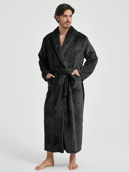 1pc Couple's Warm Flannel Shawl Neck Loose Casual Soft Thermal Lined Long Sleeve Belted Robe With Pockets, Suitable For Home Wear, Autumn/Winter, For Fall Winter, Fluffy, Cozy