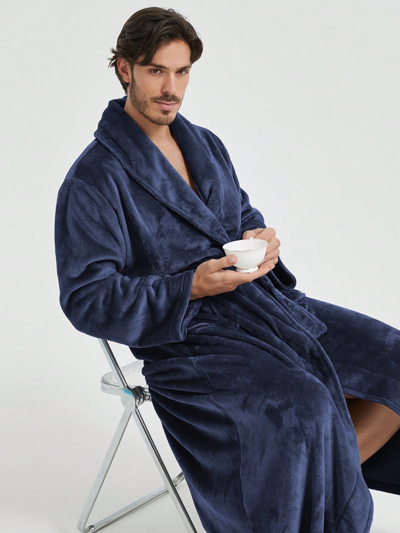 1pc Couple's Warm Flannel Shawl Neck Loose Casual Soft Thermal Lined Long Sleeve Belted Robe With Pockets, Suitable For Home Wear, Autumn/Winter, For Fall Winter, Fluffy, Cozy