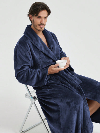 1pc Couple's Warm Flannel Shawl Neck Loose Casual Soft Thermal Lined Long Sleeve Belted Robe With Pockets, Suitable For Home Wear, Autumn/Winter, For Fall Winter, Fluffy, Cozy