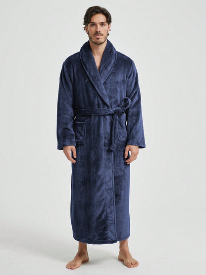 1pc Couple's Warm Flannel Shawl Neck Loose Casual Soft Thermal Lined Long Sleeve Belted Robe With Pockets, Suitable For Home Wear, Autumn/Winter, For Fall Winter, Fluffy, Cozy