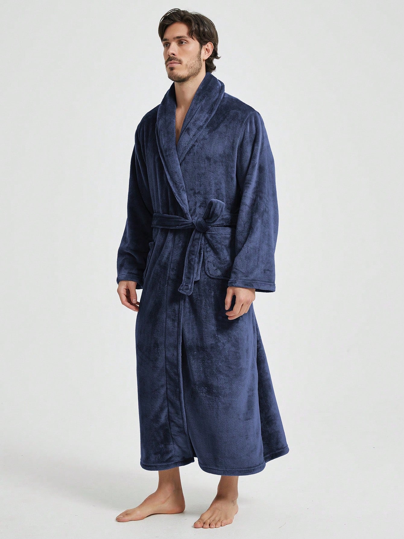 1pc Couple's Warm Flannel Shawl Neck Loose Casual Soft Thermal Lined Long Sleeve Belted Robe With Pockets, Suitable For Home Wear, Autumn/Winter, For Fall Winter, Fluffy, Cozy