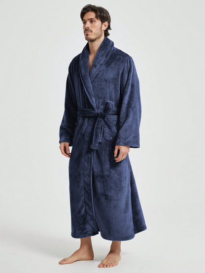 1pc Couple's Warm Flannel Shawl Neck Loose Casual Soft Thermal Lined Long Sleeve Belted Robe With Pockets, Suitable For Home Wear, Autumn/Winter, For Fall Winter, Fluffy, Cozy