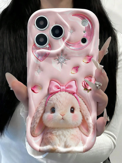 1pc Creative Pink Plush Cute Star Moon Bow Rabbit Wave Shaped Screen Edge Protective Phone Case Compatible With Apple 7/8/X/XR/XSMAX/11/12/13/14/15/16/17Promax, A14/A15/A16/A17/A04/A05/A06/A07/A54/A55