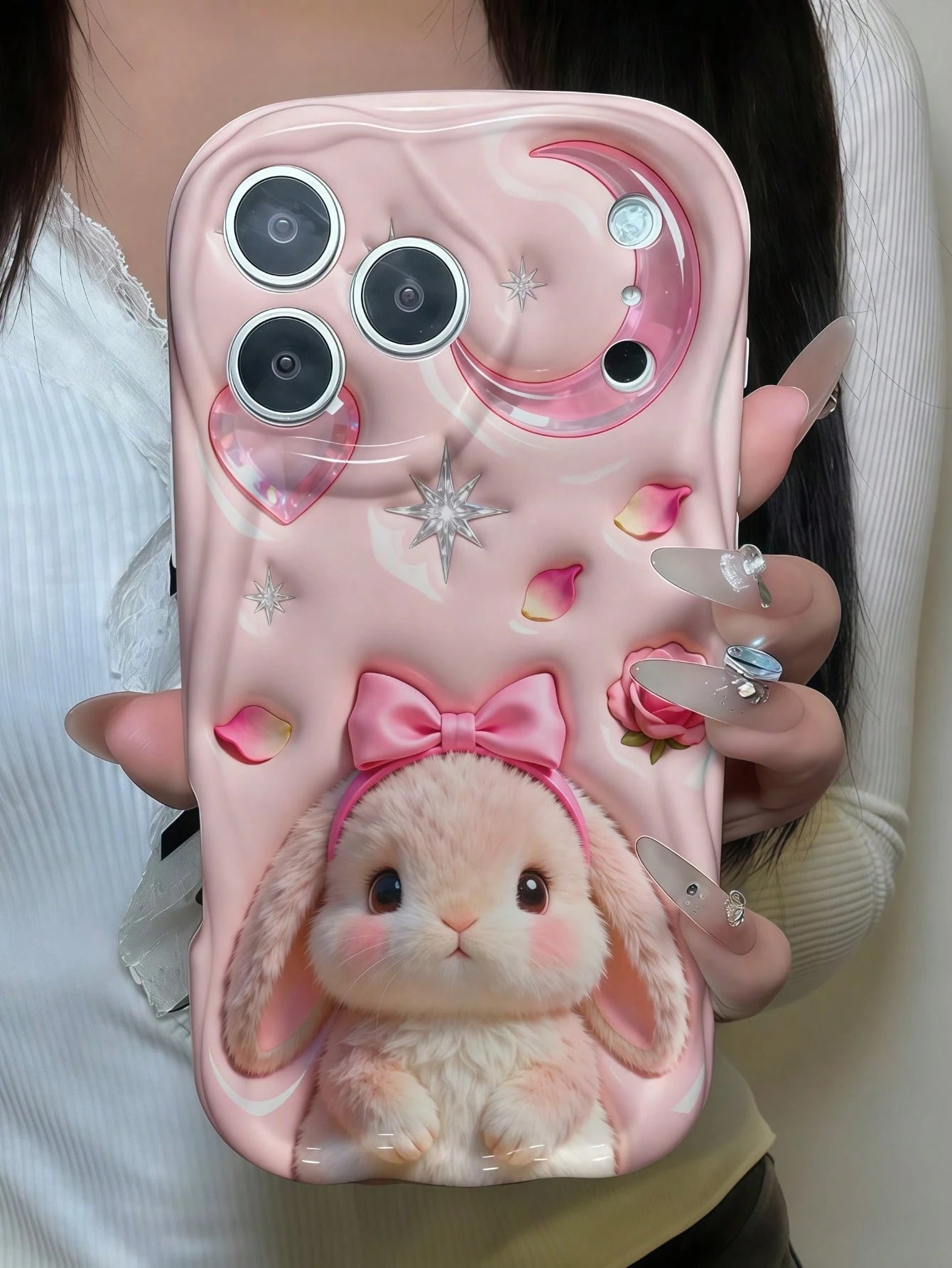 1pc Creative Pink Plush Cute Star Moon Bow Rabbit Wave Shaped Screen Edge Protective Phone Case Compatible With Apple 7/8/X/XR/XSMAX/11/12/13/14/15/16/17Promax, A14/A15/A16/A17/A04/A05/A06/A07/A54/A55