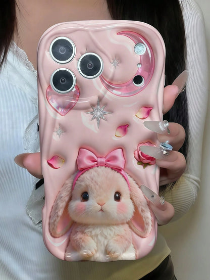 1pc Creative Pink Plush Cute Star Moon Bow Rabbit Wave Shaped Screen Edge Protective Phone Case Compatible With Apple 7/8/X/XR/XSMAX/11/12/13/14/15/16/17Promax, A14/A15/A16/A17/A04/A05/A06/A07/A54/A55