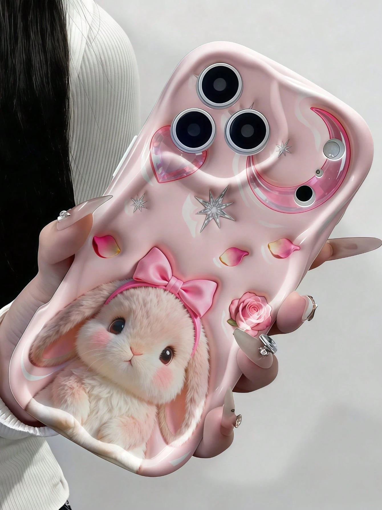 1pc Creative Pink Plush Cute Star Moon Bow Rabbit Wave Shaped Screen Edge Protective Phone Case Compatible With Apple 7/8/X/XR/XSMAX/11/12/13/14/15/16/17Promax, A14/A15/A16/A17/A04/A05/A06/A07/A54/A55