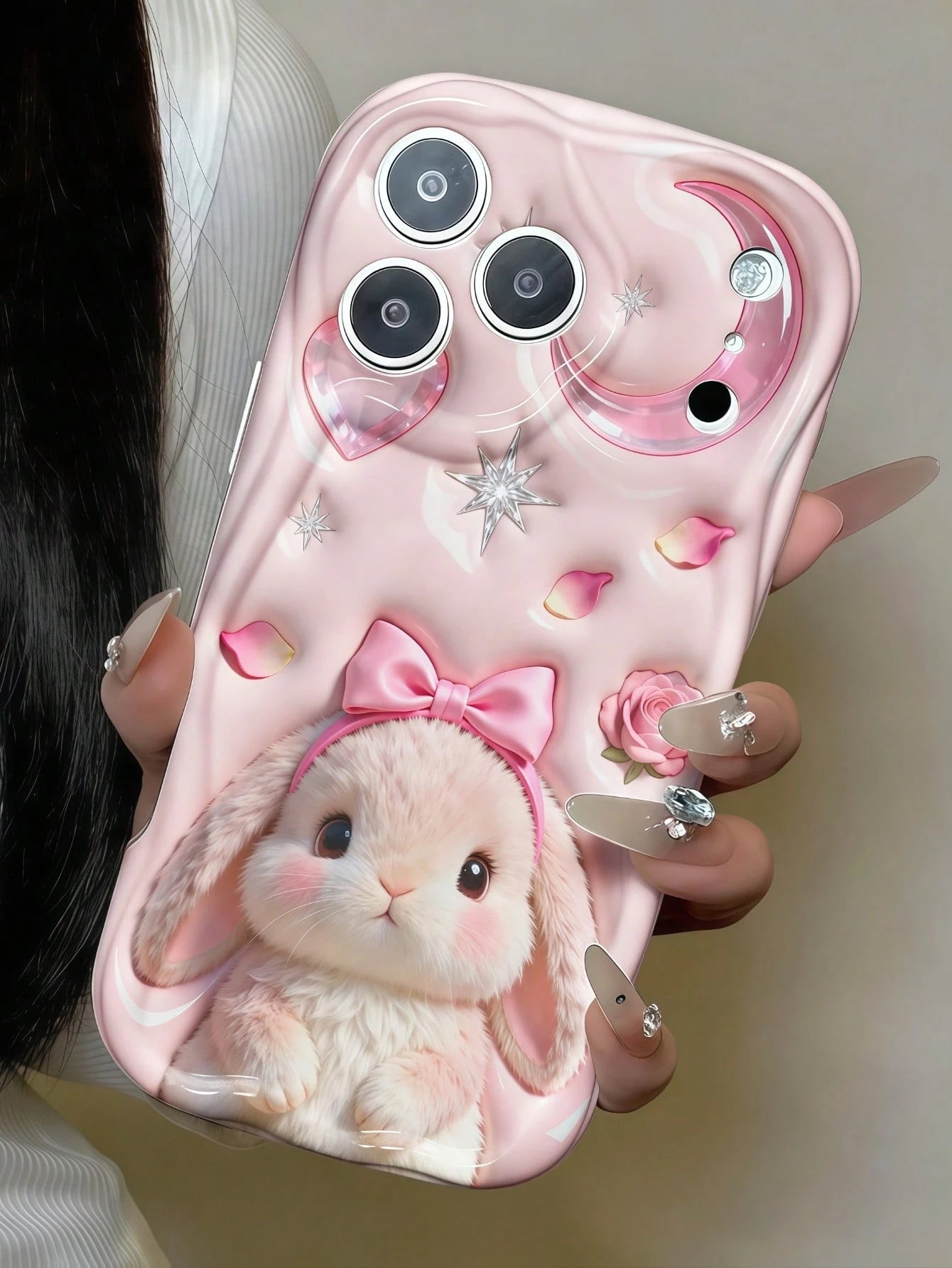 1pc Creative Pink Plush Cute Star Moon Bow Rabbit Wave Shaped Screen Edge Protective Phone Case Compatible With Apple 7/8/X/XR/XSMAX/11/12/13/14/15/16/17Promax, A14/A15/A16/A17/A04/A05/A06/A07/A54/A55