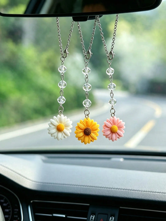 1pc Crystal Beaded Resin Daisy Car Rearview Mirror Hanging Decoration, Women's Car Interior Decor Accessory