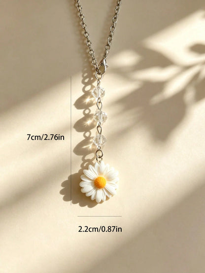 1pc Crystal Beaded Resin Daisy Car Rearview Mirror Hanging Decoration, Women's Car Interior Decor Accessory