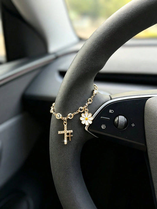 1pc Crystal Chain Daisy Cross Car Steering Wheel Hanging Decoration, Car Interior Decor Accessory