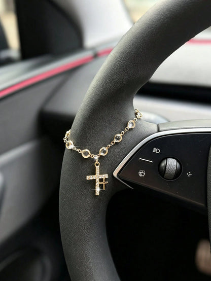 1pc Crystal Chain Daisy Cross Car Steering Wheel Hanging Decoration, Car Interior Decor Accessory