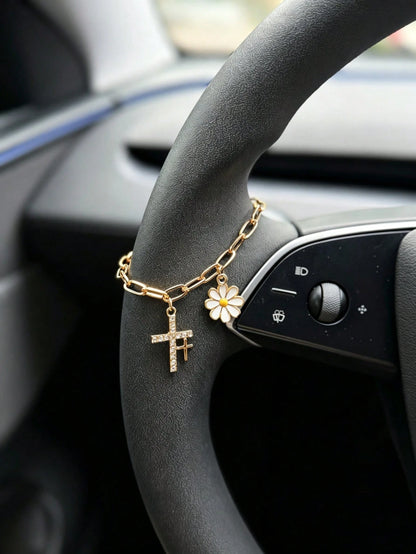 1pc Crystal Chain Daisy Cross Car Steering Wheel Hanging Decoration, Car Interior Decor Accessory