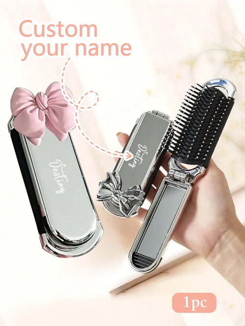 1pc Custom Engraved Name Air Cushion Massage Comb, Travel Comb With Bow, Folding Comb With Integrated Mirror, Personalized Laser Engraved Folding Air Cushion Hairbrush, Portable Travel Comb, Mini Comb