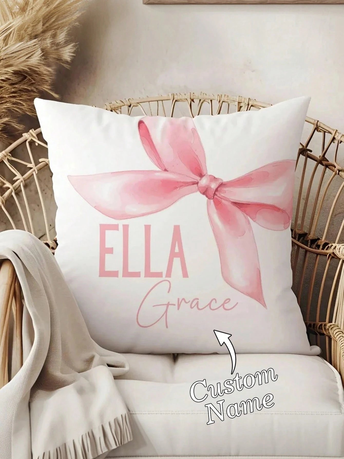 1pc Customizable Name Text English DIY Throw Pillow Cover, Soft Pink Bow Decor Pattern, Girly Bedroom Living Room Sofa Bed Lumbar Cushion Cover, Holiday Gift, All Season Pillow Case, Single-Sided Prin