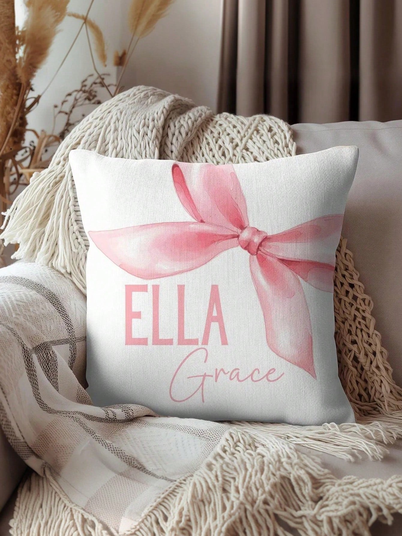 1pc Customizable Name Text English DIY Throw Pillow Cover, Soft Pink Bow Decor Pattern, Girly Bedroom Living Room Sofa Bed Lumbar Cushion Cover, Holiday Gift, All Season Pillow Case, Single-Sided Prin