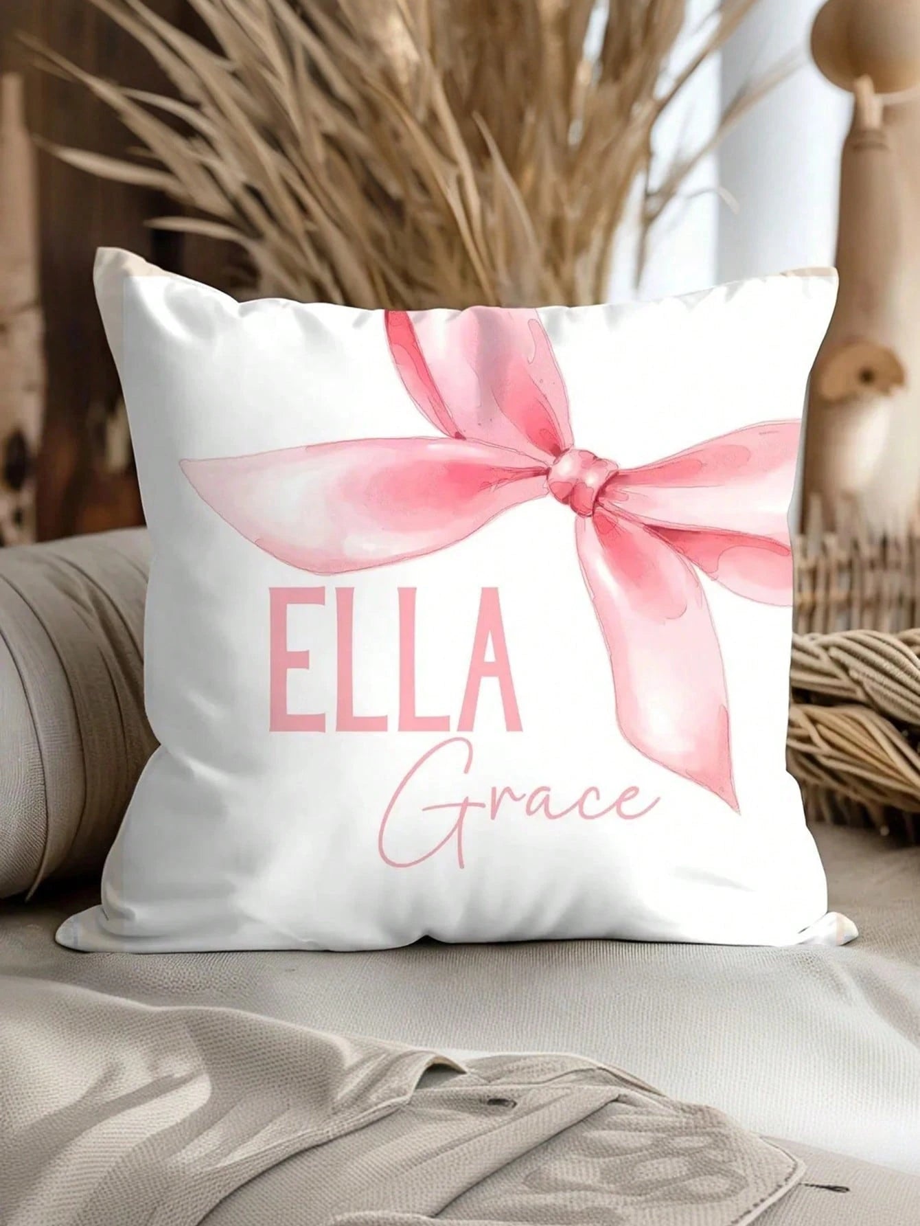 1pc Customizable Name Text English DIY Throw Pillow Cover, Soft Pink Bow Decor Pattern, Girly Bedroom Living Room Sofa Bed Lumbar Cushion Cover, Holiday Gift, All Season Pillow Case, Single-Sided Prin