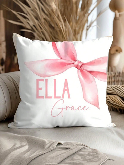 1pc Customizable Name Text English DIY Throw Pillow Cover, Soft Pink Bow Decor Pattern, Girly Bedroom Living Room Sofa Bed Lumbar Cushion Cover, Holiday Gift, All Season Pillow Case, Single-Sided Prin