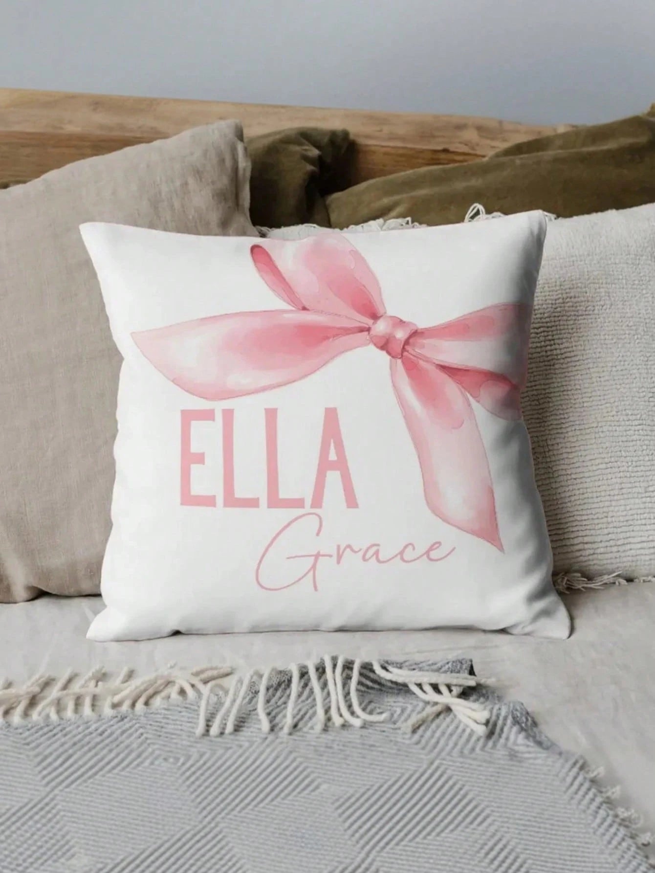 1pc Customizable Name Text English DIY Throw Pillow Cover, Soft Pink Bow Decor Pattern, Girly Bedroom Living Room Sofa Bed Lumbar Cushion Cover, Holiday Gift, All Season Pillow Case, Single-Sided Prin