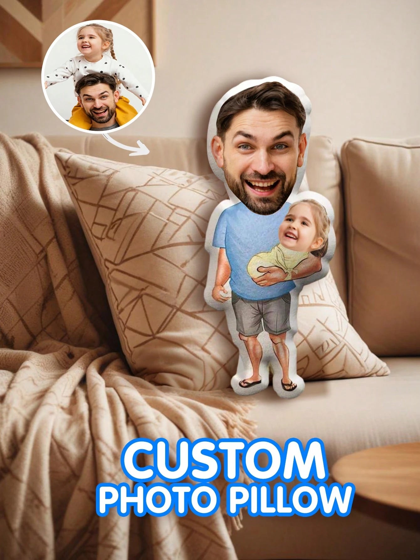1pc Customized Face Pillow- Personalized Photo Pillow| Unique Gift For Dad, Husband Or Boyfriend| Mini Pillow With Father-Son Style| Perfect For Father's Day, Birthday, Anniversary And Wedding| F