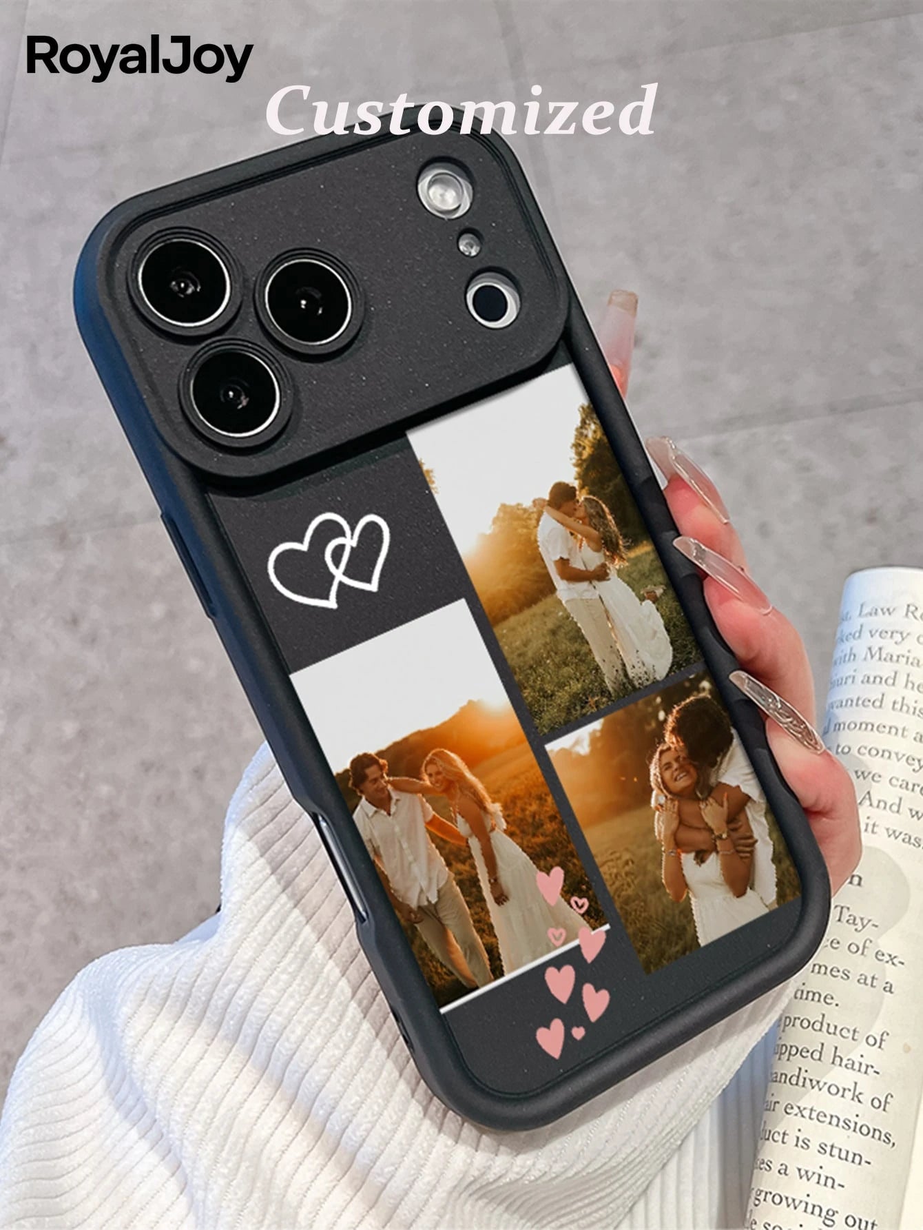 1pc Customized Personalized Family Portrait Phone Case With Multi-Photos, Heart Elements, High Definition UV Printing, Electroplated Four Corners Anti-Fall Black Lens Protection. Suitable Compatible W
