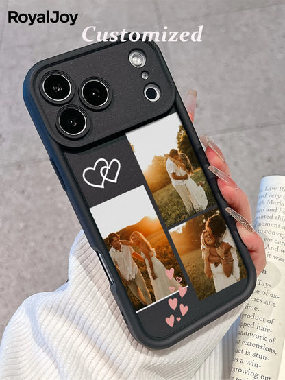 1pc Customized Personalized Family Portrait Phone Case With Multi-Photos, Heart Elements, High Definition UV Printing, Electroplated Four Corners Anti-Fall Black Lens Protection. Suitable Compatible W