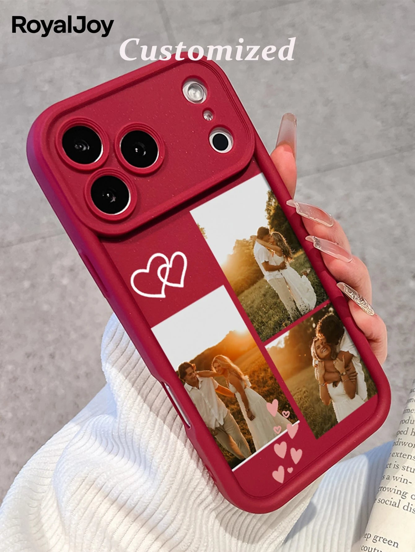 1pc Customized Personalized Family Portrait Phone Case With Multi-Photos, Heart Elements, High Definition UV Printing, Electroplated Four Corners Anti-Fall Black Lens Protection. Suitable Compatible W