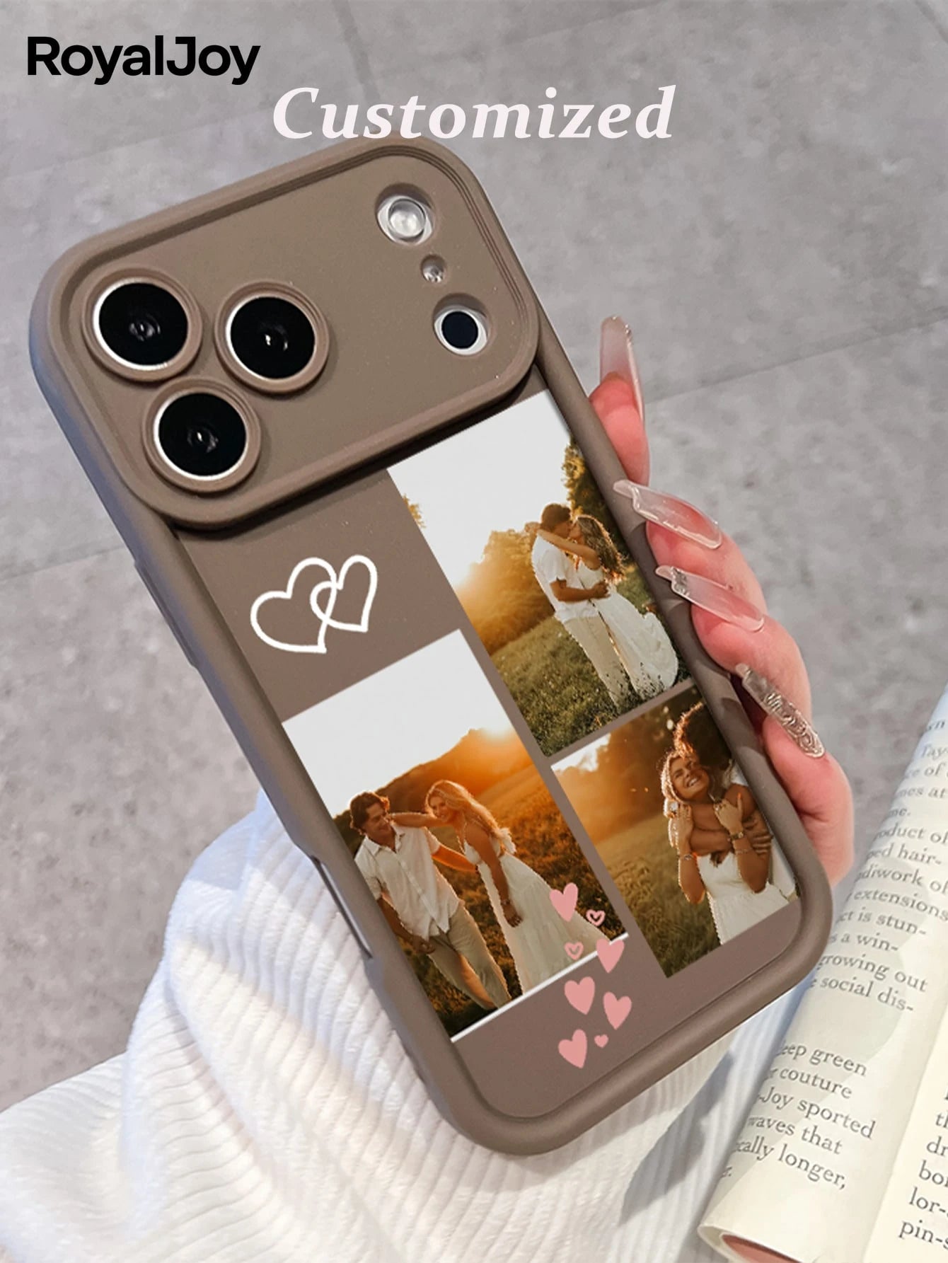 1pc Customized Personalized Family Portrait Phone Case With Multi-Photos, Heart Elements, High Definition UV Printing, Electroplated Four Corners Anti-Fall Black Lens Protection. Suitable Compatible W