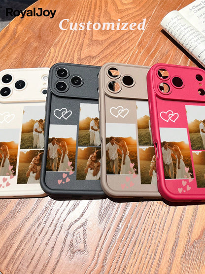 1pc Customized Personalized Family Portrait Phone Case With Multi-Photos, Heart Elements, High Definition UV Printing, Electroplated Four Corners Anti-Fall Black Lens Protection. Suitable Compatible W