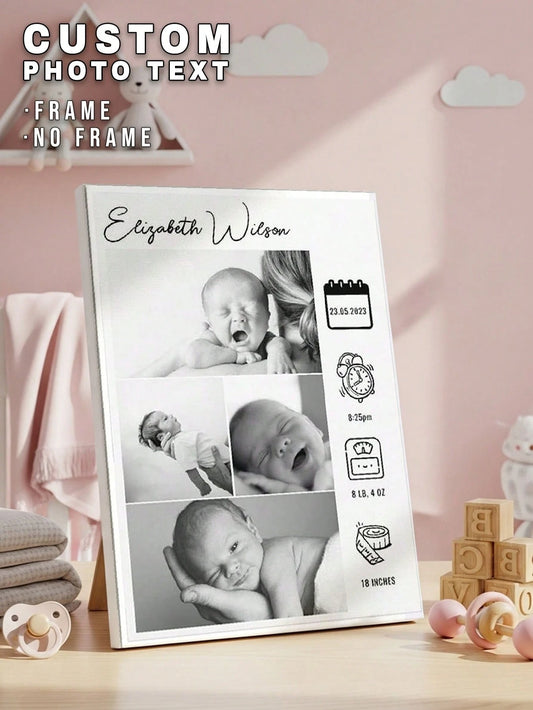 1pc Customized Photo & Text, Personalized Canvas Printing, Baby Birth Record Canvas, Baby Photo Canvas, Customized Name & Text, Nursery Wall Decor, Desktop Decor, Baby Shower Gift, Gender Reveal Party