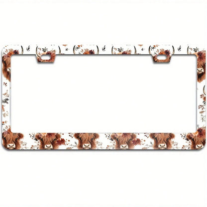 1pc Cute Highland Cow Floral Aluminum License Plate Frame 12.2x6.3in, 2 Holes With Screws, Universal Front Rear Unisex Vehicle Decor Accessory,Car Picks,Car Must Haves,Gifts,Car Decor,Car Acessesories