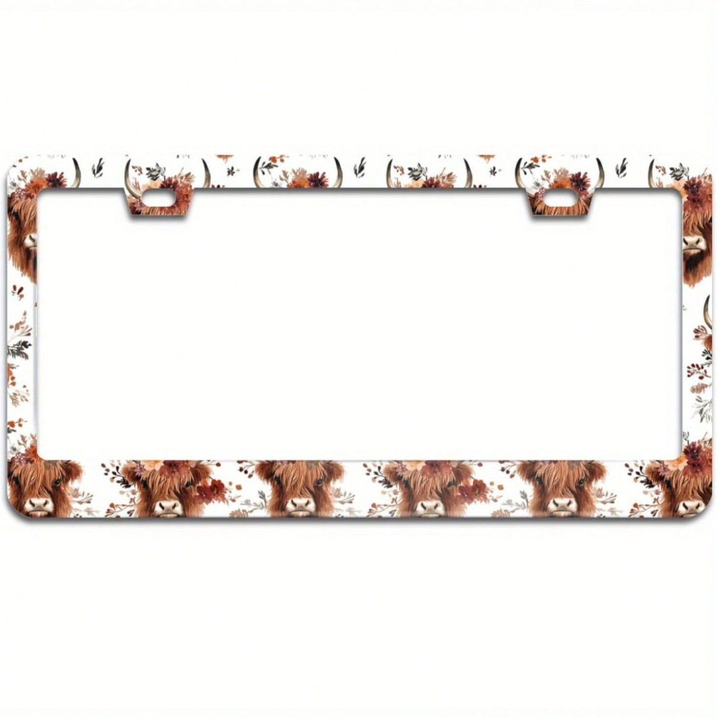 1pc Cute Highland Cow Floral Aluminum License Plate Frame 12.2x6.3in, 2 Holes With Screws, Universal Front Rear Unisex Vehicle Decor Accessory,Car Picks,Car Must Haves,Gifts,Car Decor,Car Acessesories