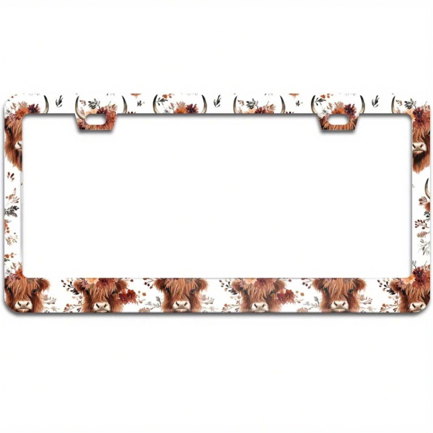 1pc Cute Highland Cow Floral Aluminum License Plate Frame 12.2x6.3in, 2 Holes With Screws, Universal Front Rear Unisex Vehicle Decor Accessory,Car Picks,Car Must Haves,Gifts,Car Decor,Car Acessesories