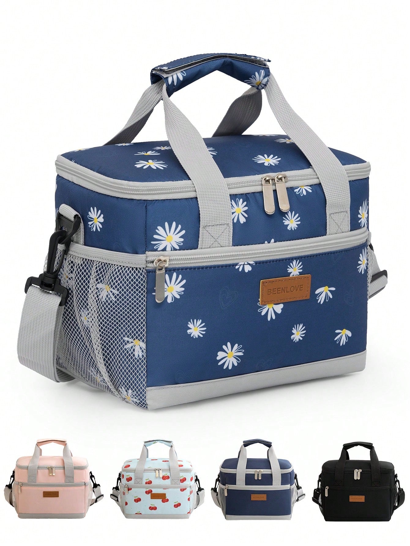 1pc Daisy Print Insulated Lunch Bag With Shoulder Strap, Reusable Lunch Box For Office Picnic Hiking Beach For Women & Adults, Leakproof Thermal Bento Lunch Box With Thick Aluminum Lining, Ideal For W