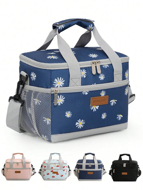 1pc Daisy Print Insulated Lunch Bag With Shoulder Strap, Reusable Lunch Box For Office Picnic Hiking Beach For Women & Adults, Leakproof Thermal Bento Lunch Box With Thick Aluminum Lining, Ideal For W