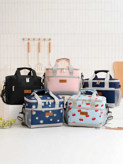 1pc Daisy Print Insulated Lunch Bag With Shoulder Strap, Reusable Lunch Box For Office Picnic Hiking Beach For Women & Adults, Leakproof Thermal Bento Lunch Box With Thick Aluminum Lining, Ideal For W