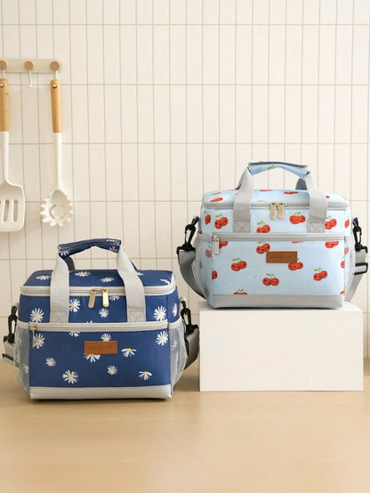 1pc Daisy Print Insulated Lunch Bag With Shoulder Strap, Reusable Lunch Box For Office Picnic Hiking Beach For Women & Adults, Leakproof Thermal Bento Lunch Box With Thick Aluminum Lining, Ideal For W