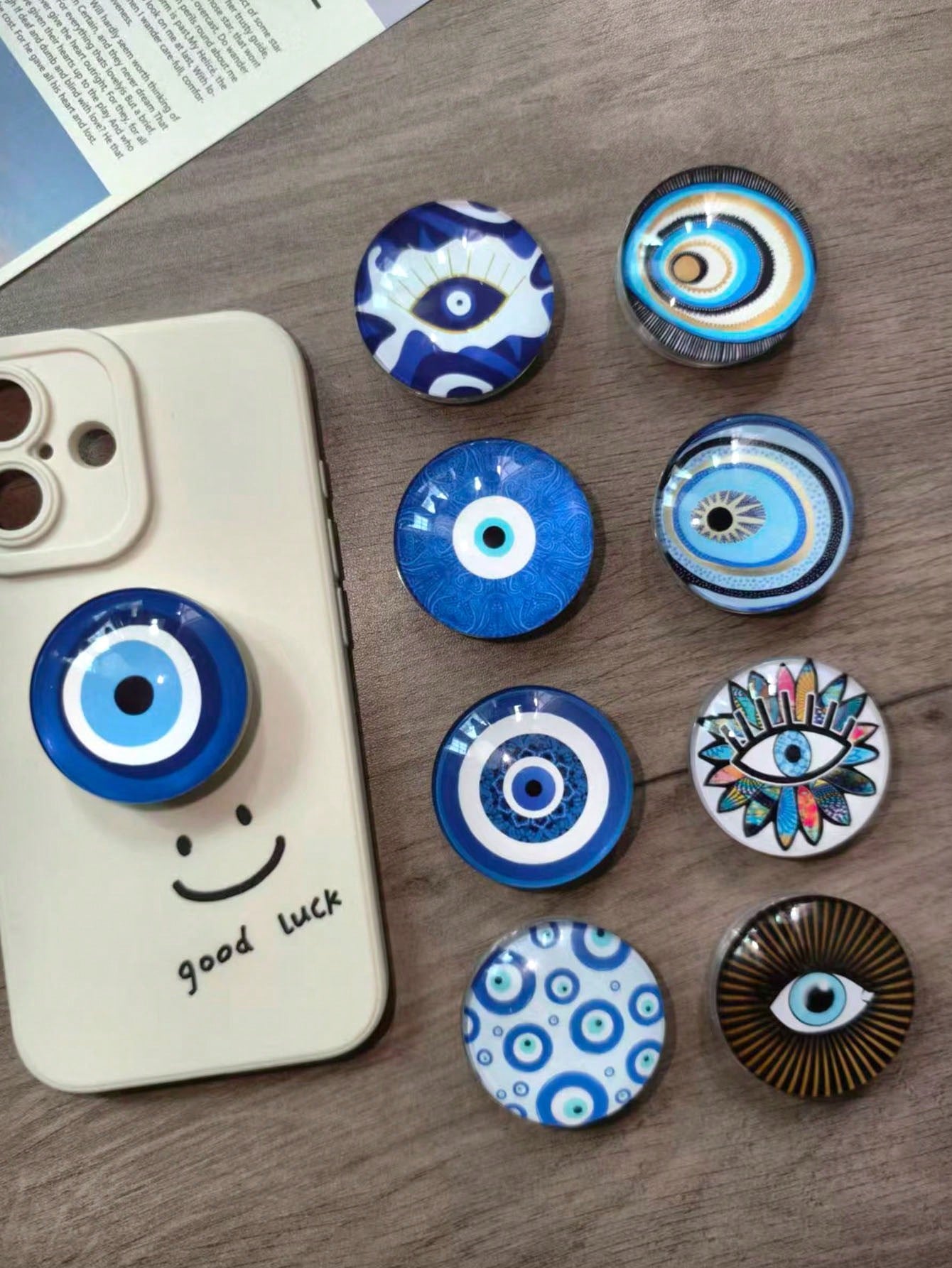 1pc Devil's Eye Phone Grip Holder, Guardian's Eye Phone Grip Holder, Time Gem Blue Glass Round Pattern, Air Cushion Crystal Phone Stand, Retractable Phone Holder, Phone Grip, Evil Eye Glass Desktop Re