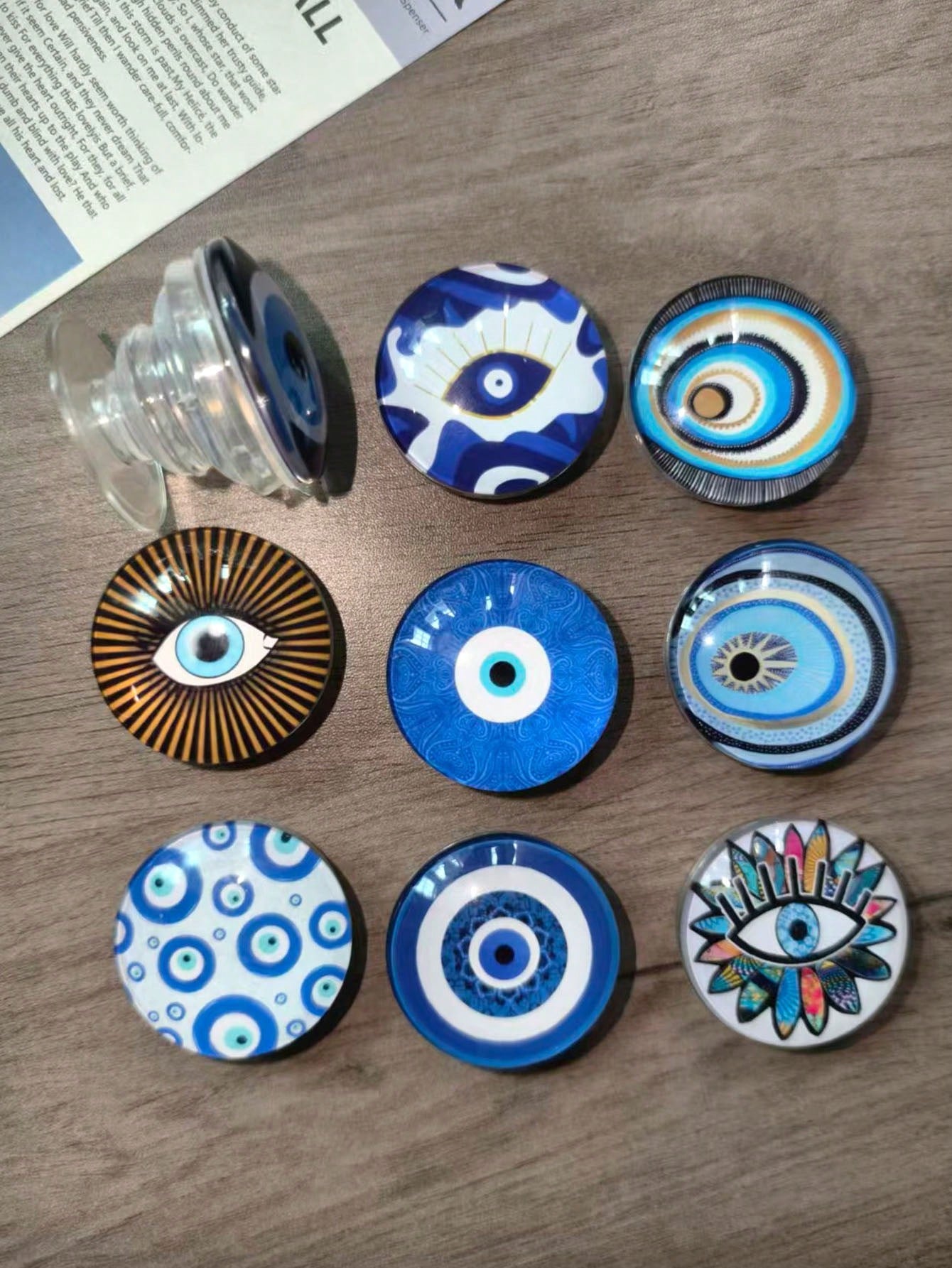 1pc Devil's Eye Phone Grip Holder, Guardian's Eye Phone Grip Holder, Time Gem Blue Glass Round Pattern, Air Cushion Crystal Phone Stand, Retractable Phone Holder, Phone Grip, Evil Eye Glass Desktop Re