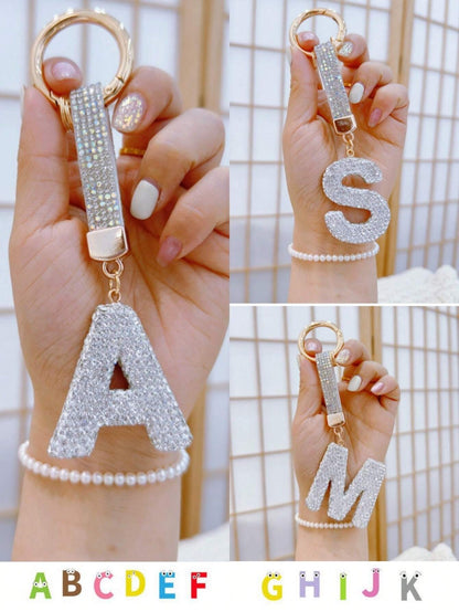 1pc Diamond Embellished Lucky Letter Keychain Car Key Chain With Crystal, Bling Key Fob