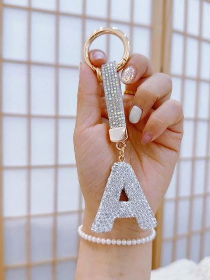 1pc Diamond Embellished Lucky Letter Keychain Car Key Chain With Crystal, Bling Key Fob