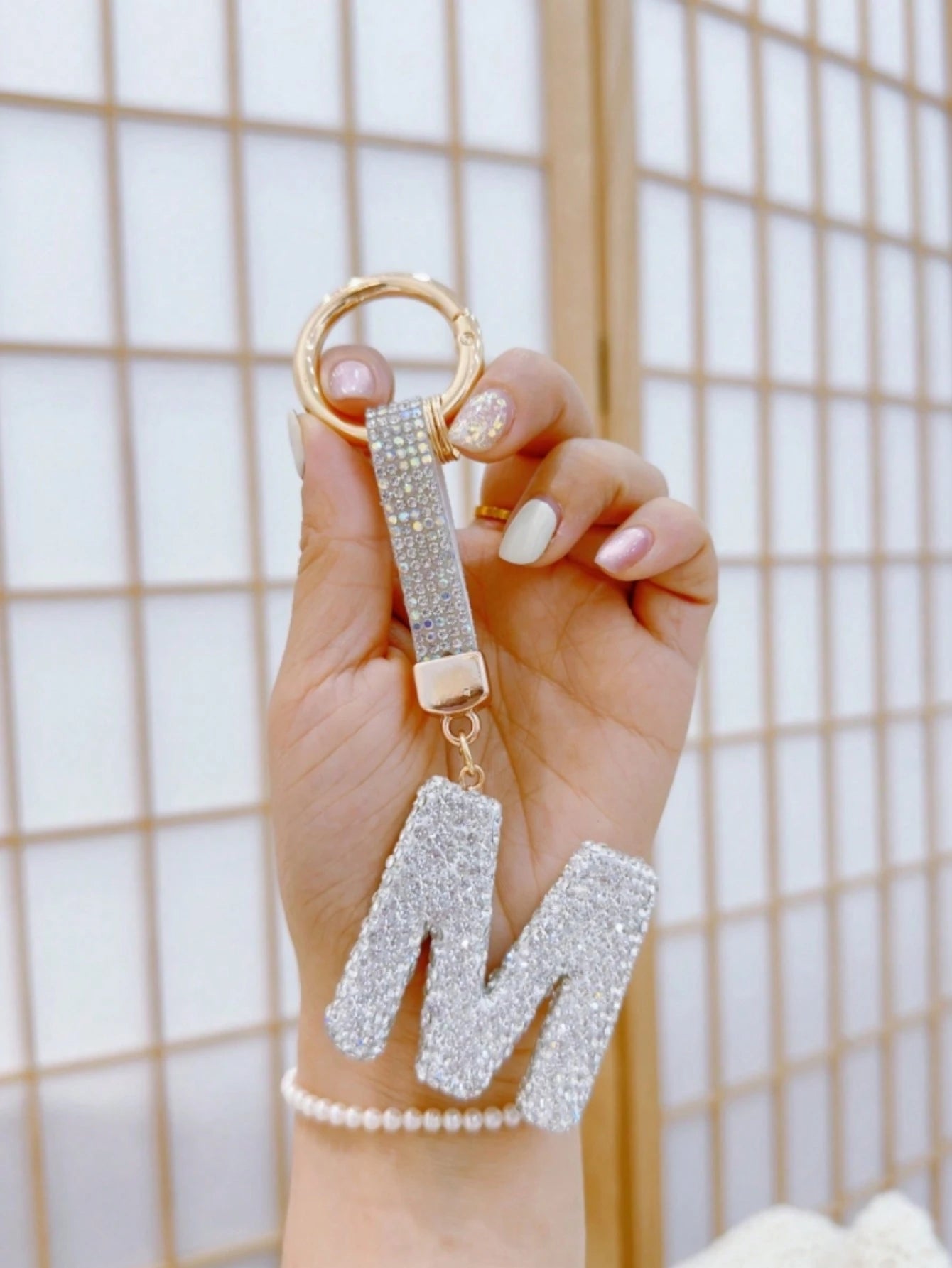 1pc Diamond Embellished Lucky Letter Keychain Car Key Chain With Crystal, Bling Key Fob