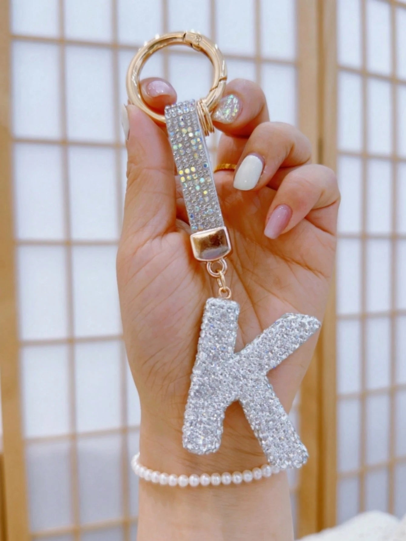 1pc Diamond Embellished Lucky Letter Keychain Car Key Chain With Crystal, Bling Key Fob