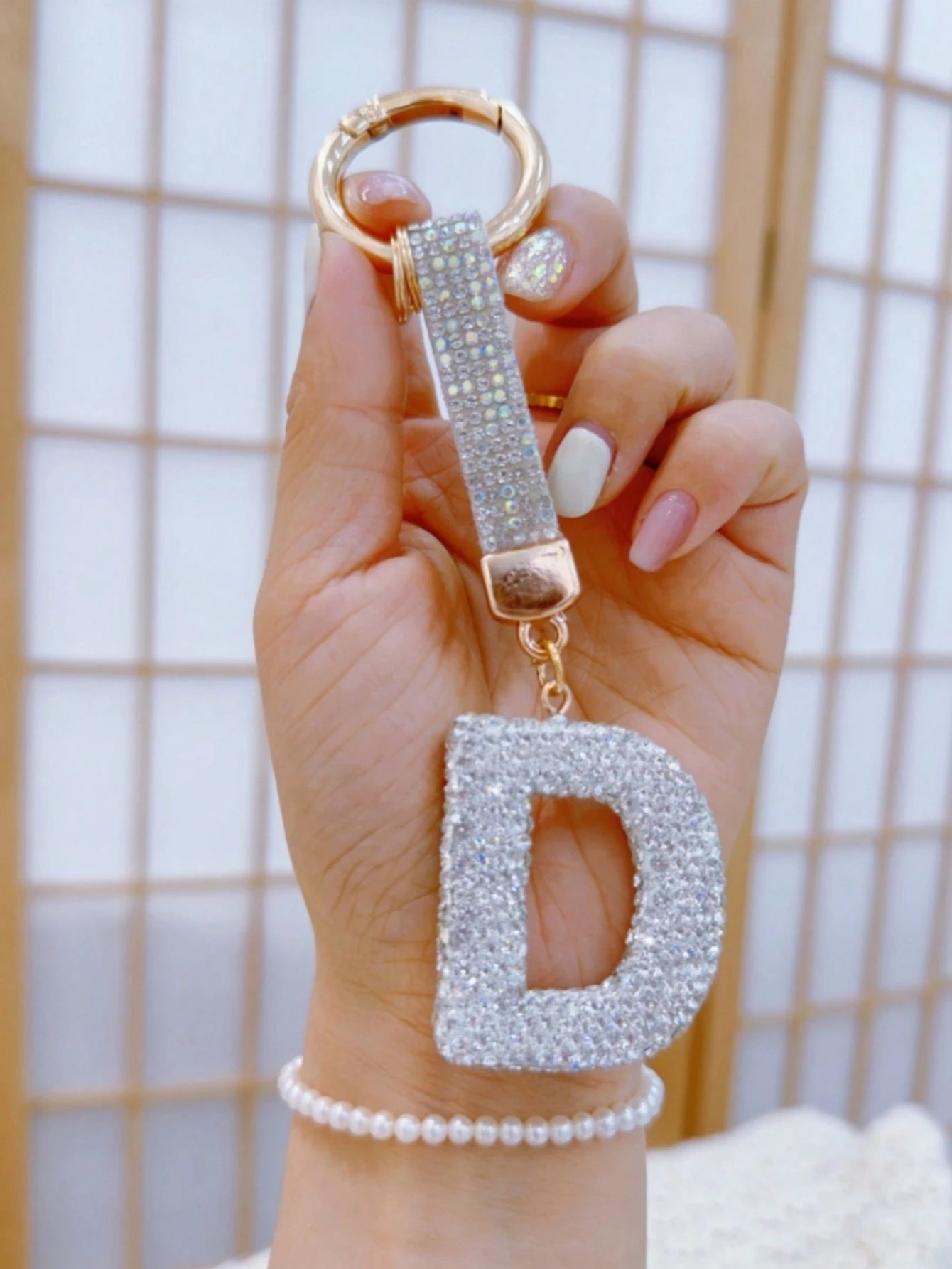 1pc Diamond Embellished Lucky Letter Keychain Car Key Chain With Crystal, Bling Key Fob