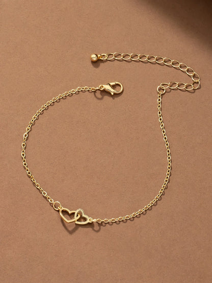 1pc Double-Clasp Gold Plated Heart Detail Anklet For Women, Beach Vacation Jewelry Gift Valentines,Mom,Mother,Mother's Day,Gift